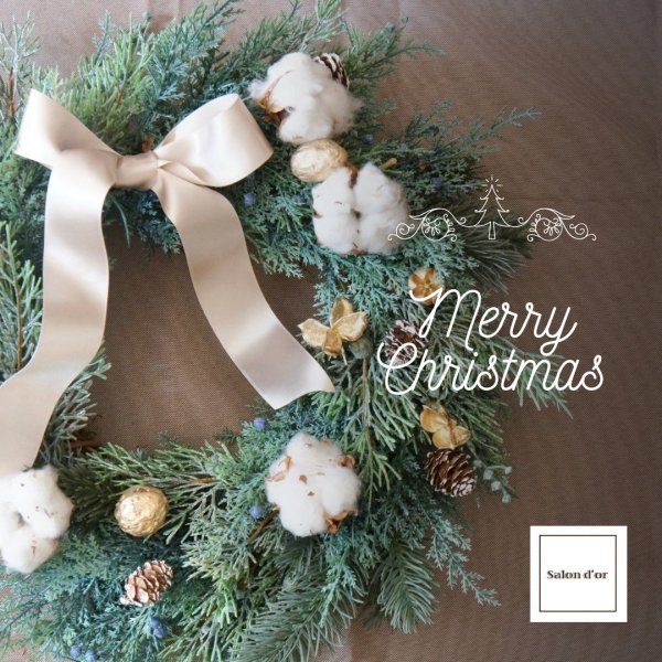 画像1: 【造花】シャンパンゴールドリボンのナチュラルクリスマスリース (1)